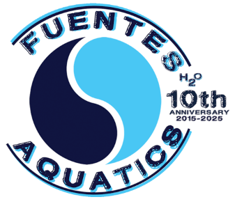 Fuentes Aquatics text surrounding a Yin Yang symbol. Fuentes H 2 O logo.